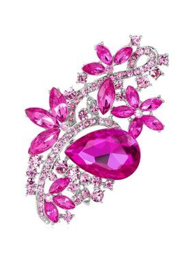 Rhinestone Cluster Brooch Hot Pink Glass Silver Tone